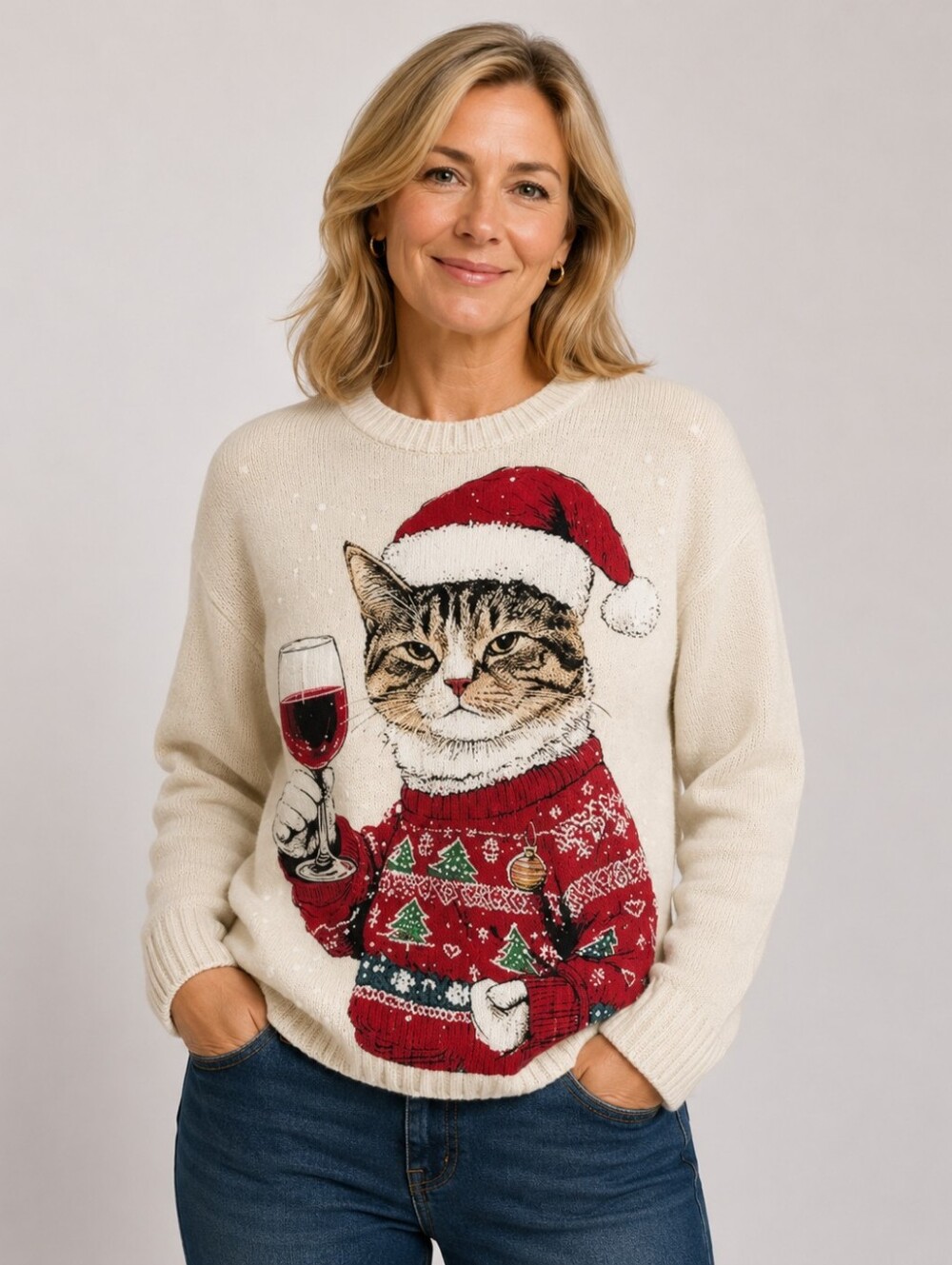 Festive Cat Sweater in Cream and Red. NEW.